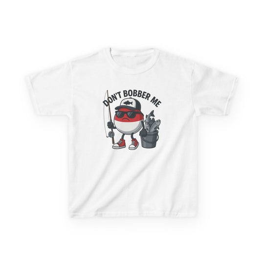 Don't Bobber Me Kids Tee featuring a cartoon bobber character with fishing gear and pun slogan, designed for durability and everyday wear.