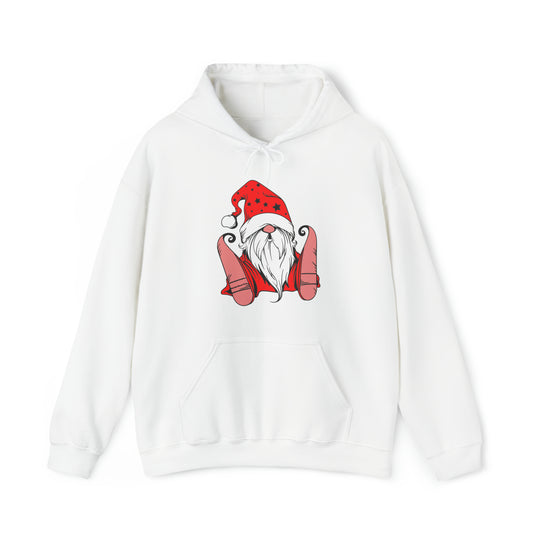 A Christmas Gnome Hoodie, a cozy blend of cotton and polyester, featuring a gnome cartoon on a white sweatshirt. Classic fit with kangaroo pocket and drawstring hood. From Worlds Worst Tees.