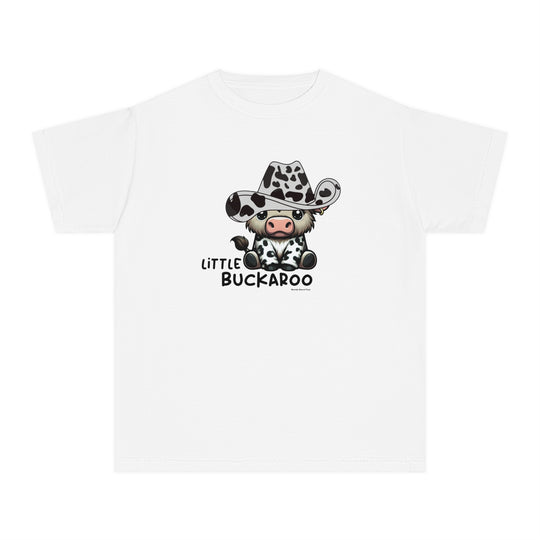 A white kids' tee featuring a cartoon cow in a cowboy hat. Crafted from soft combed cotton for comfort and agility, ideal for study or play. Classic fit, light fabric, and sew-in twill label.