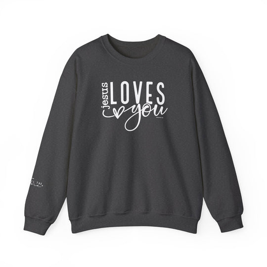 A unisex heavy blend crewneck sweatshirt featuring Jesus Loves You Crew design. Made from 50% cotton and 50% polyester, ribbed knit collar, and double-needle stitching for durability. Comfortable and cozy for colder months.