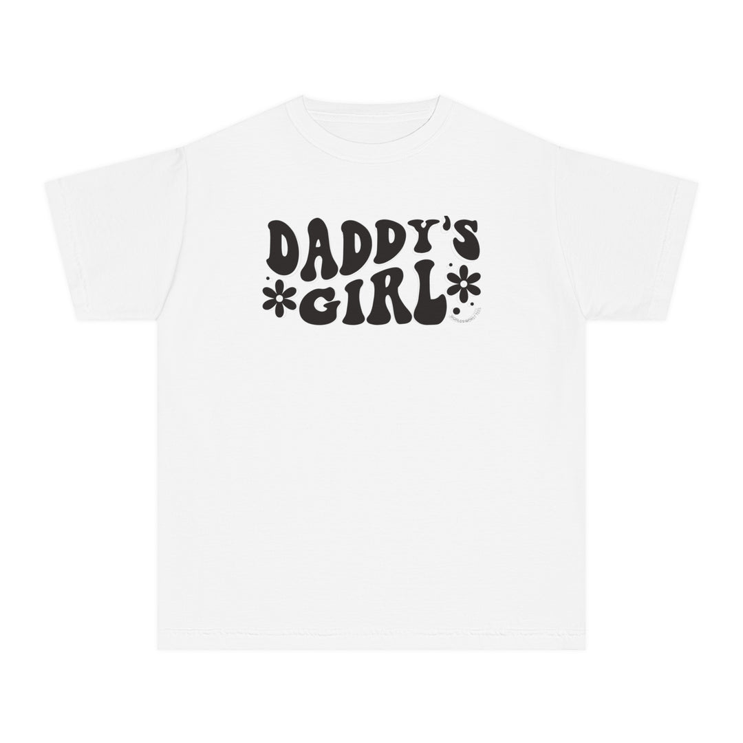 Kid's tee shirt featuring Daddy's Girl text. White shirt with black text, made of 100% combed ringspun cotton for comfort and agility. Classic fit, ideal for all-day wear.