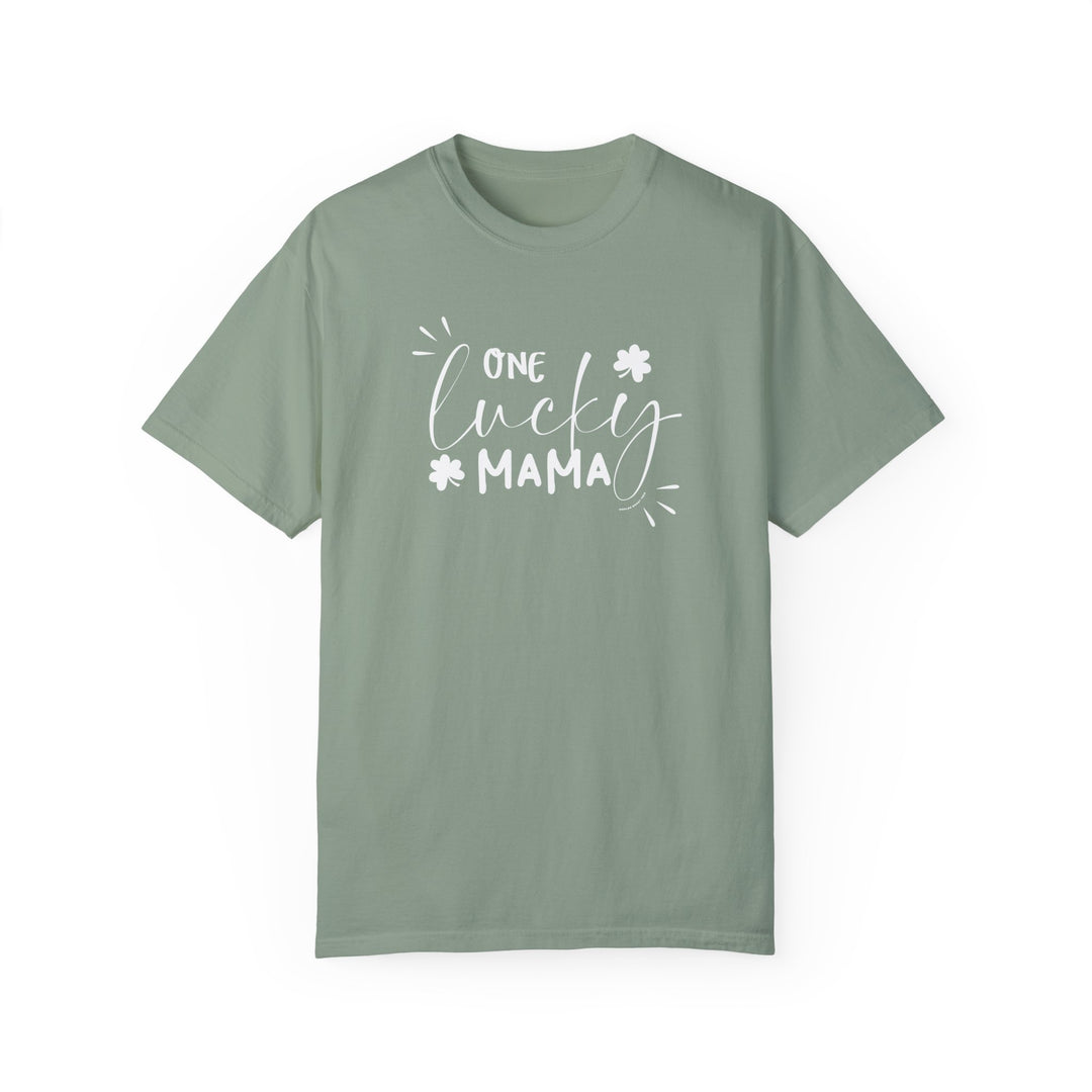 A ring-spun cotton One Lucky Mama Tee, garment-dyed for coziness. Relaxed fit, double-needle stitching for durability, no side-seams for shape retention. Ideal for daily wear.