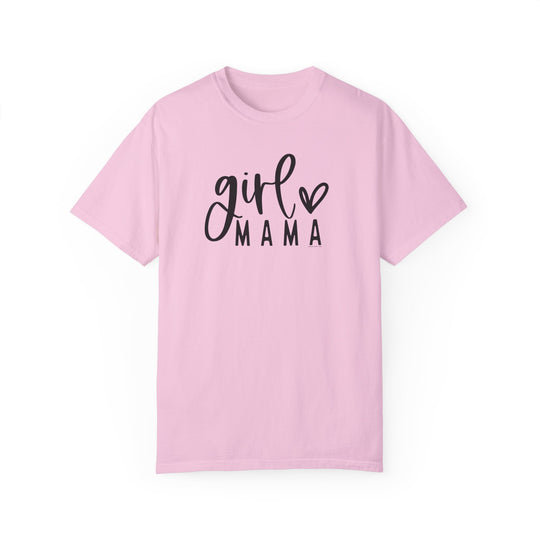 Girl Mama Tee: A pink shirt with black text, made of 100% ring-spun cotton. Relaxed fit, double-needle stitching, and no side-seams for durability and comfort. Ideal for daily wear.