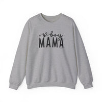 A Boy Mama Crew unisex heavy blend crewneck sweatshirt in grey with black text. Features ribbed knit collar, no itchy side seams, 50% cotton, 50% polyester, loose fit, medium-heavy fabric. Sizes: S-5XL.