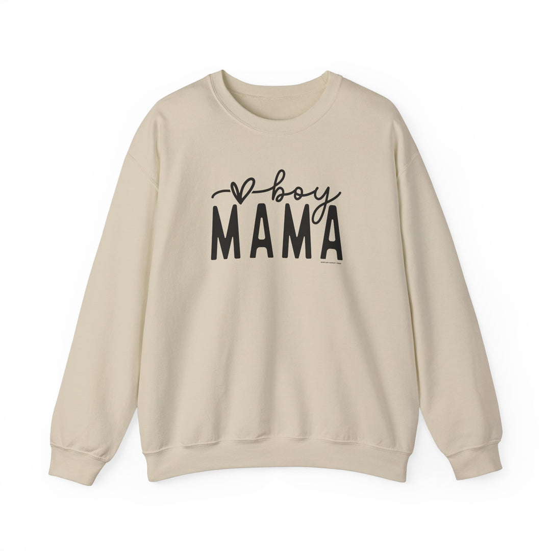 A white crewneck sweatshirt with black text, ideal for any situation. Unisex Boy Mama Crew made of 50% cotton, 50% polyester, medium-heavy fabric, loose fit, and ribbed knit collar.