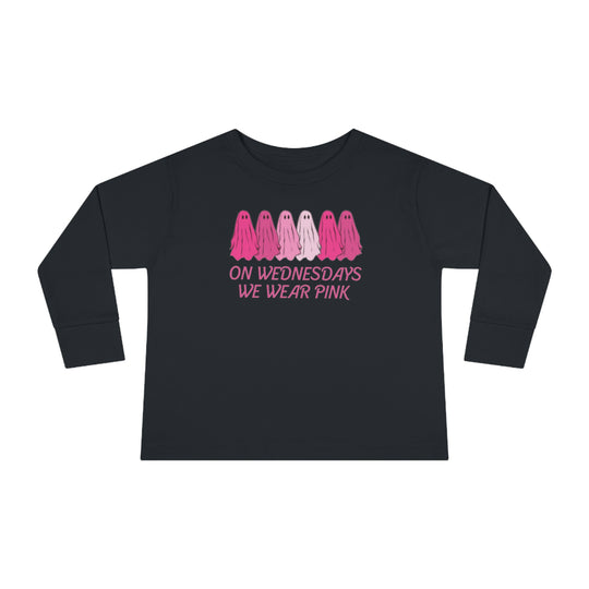 Toddler black long-sleeve tee with pink and white ghost design. Made of 100% combed ringspun cotton, featuring ribbed collar and EasyTear™ label for sensitive skin. From 'Worlds Worst Tees'.