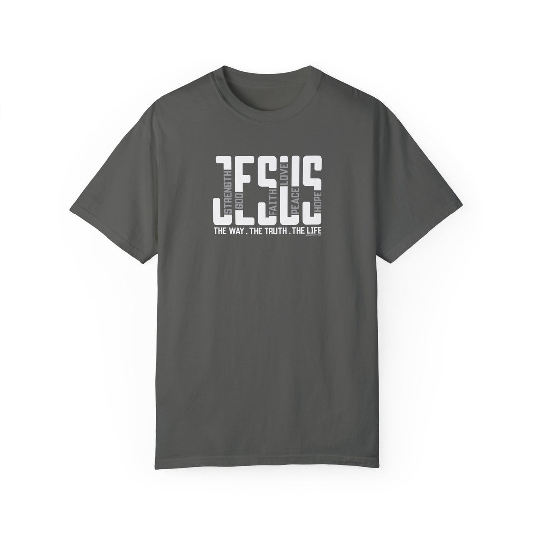 Jesus Tee: A grey t-shirt with white text, made of 100% ring-spun cotton. Relaxed fit, double-needle stitching for durability, and seamless design for a tubular shape. From Worlds Worst Tees.