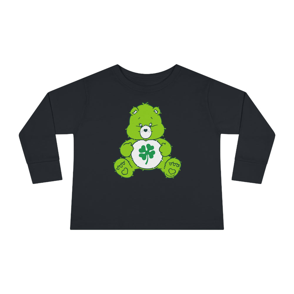 A Lucky Bear Toddler Long Sleeve Tee featuring a black shirt with a green bear and clover design. Made of 100% combed ringspun cotton, with a ribbed collar and EasyTear™ label for comfort and durability.