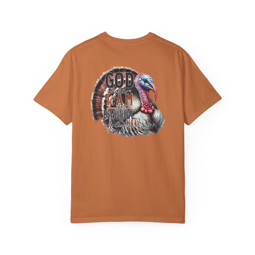 Relaxed fit I am Beautiful Tee, garment-dyed with ring-spun cotton. Double-needle stitching for durability, no side-seams for shape retention. Features turkey and logo close-ups. From Worlds Worst Tees.
