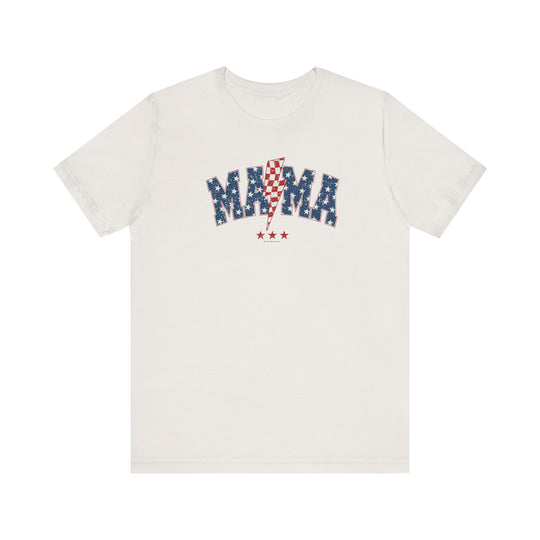 A white t-shirt featuring red and blue text, embodying the 4th Mama Tee style by Worlds Worst Tees. Unisex jersey tee with ribbed knit collars, taping on shoulders, and Airlume combed cotton fabric.