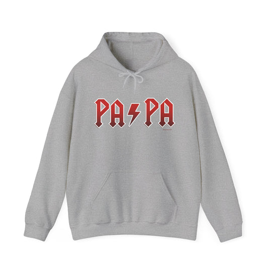 A grey hooded sweatshirt with red text, a cozy blend of cotton and polyester for warmth and comfort. Features a kangaroo pocket and matching drawstring. From Worlds Worst Tees, the Pa/Pa Hoodie.