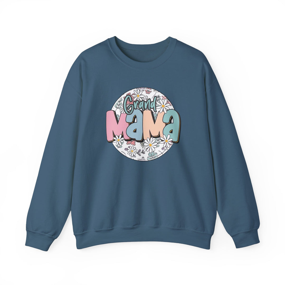 A blue sweatshirt featuring a white circle with text, ideal for comfort in any situation. Unisex heavy blend crewneck with ribbed knit collar, no itchy side seams. Sassy Grand Mama Flower Crew.