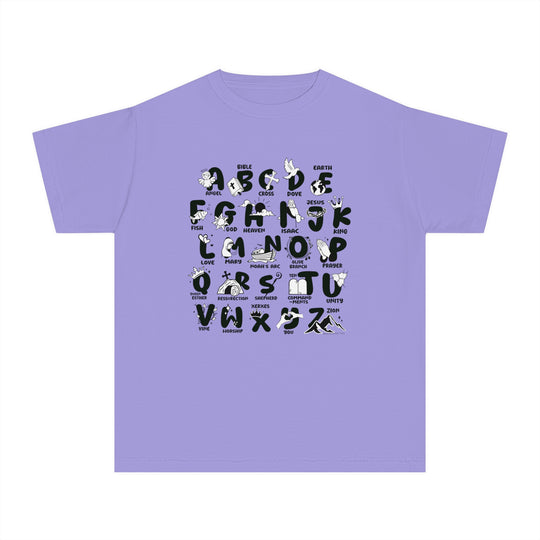 Kid's Bible Alphabet Tee: Purple shirt with letters & numbers. 100% combed ringspun cotton, light fabric, classic fit for comfort & agility. Ideal for active kids. Worlds Worst Tees.