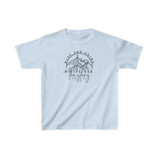 A kids' Rise and Shine tee, featuring a graphic design on a white shirt. 100% cotton, light fabric, classic fit, tear-away label, durable twill tape shoulders, and seamless sides. Sizes XS to XL.