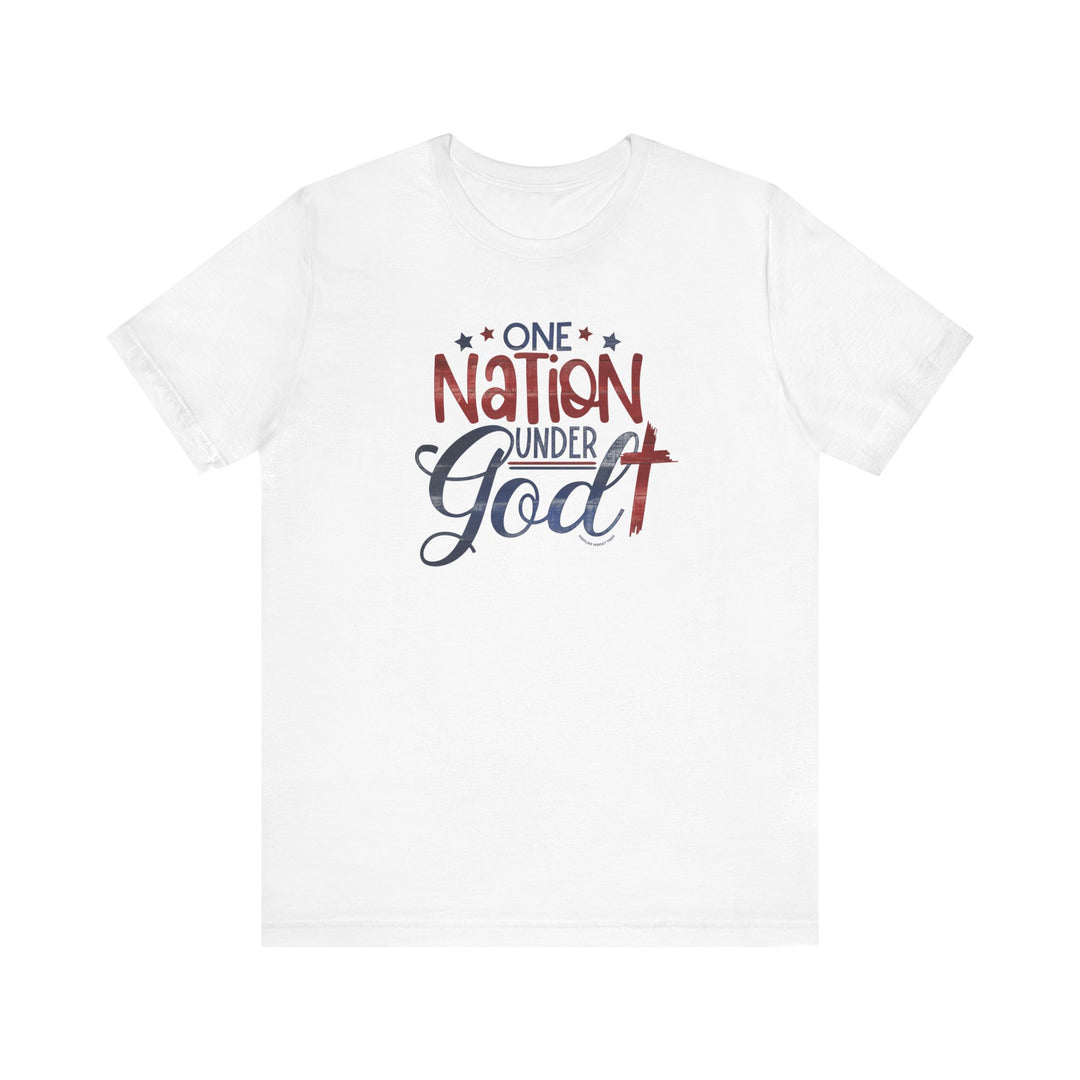 A unisex white tee with red and blue text, featuring One Nation Under God design. 100% cotton, retail fit, tear away label, and ribbed knit collars for a comfortable fit.