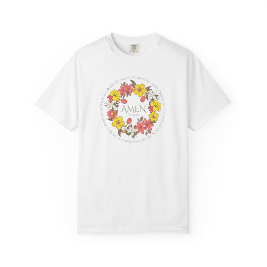 Amen Tee: A white t-shirt featuring a floral design, made from 100% ring-spun cotton, offering a relaxed fit and durable construction for everyday wear.
