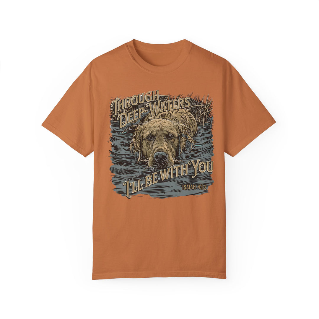 A relaxed fit Through Deep Waters Hunting Tee, featuring a dog graphic on a garment-dyed cotton shirt. Double-needle stitching for durability, no side-seams for a tubular shape. Sizes from S to 3XL.