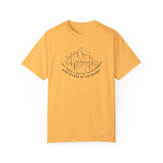 A relaxed fit I Will Make a Way Tee, a yellow t-shirt with black text, featuring a drawing of mountains and trees. Made of 100% ring-spun cotton for comfort and durability.