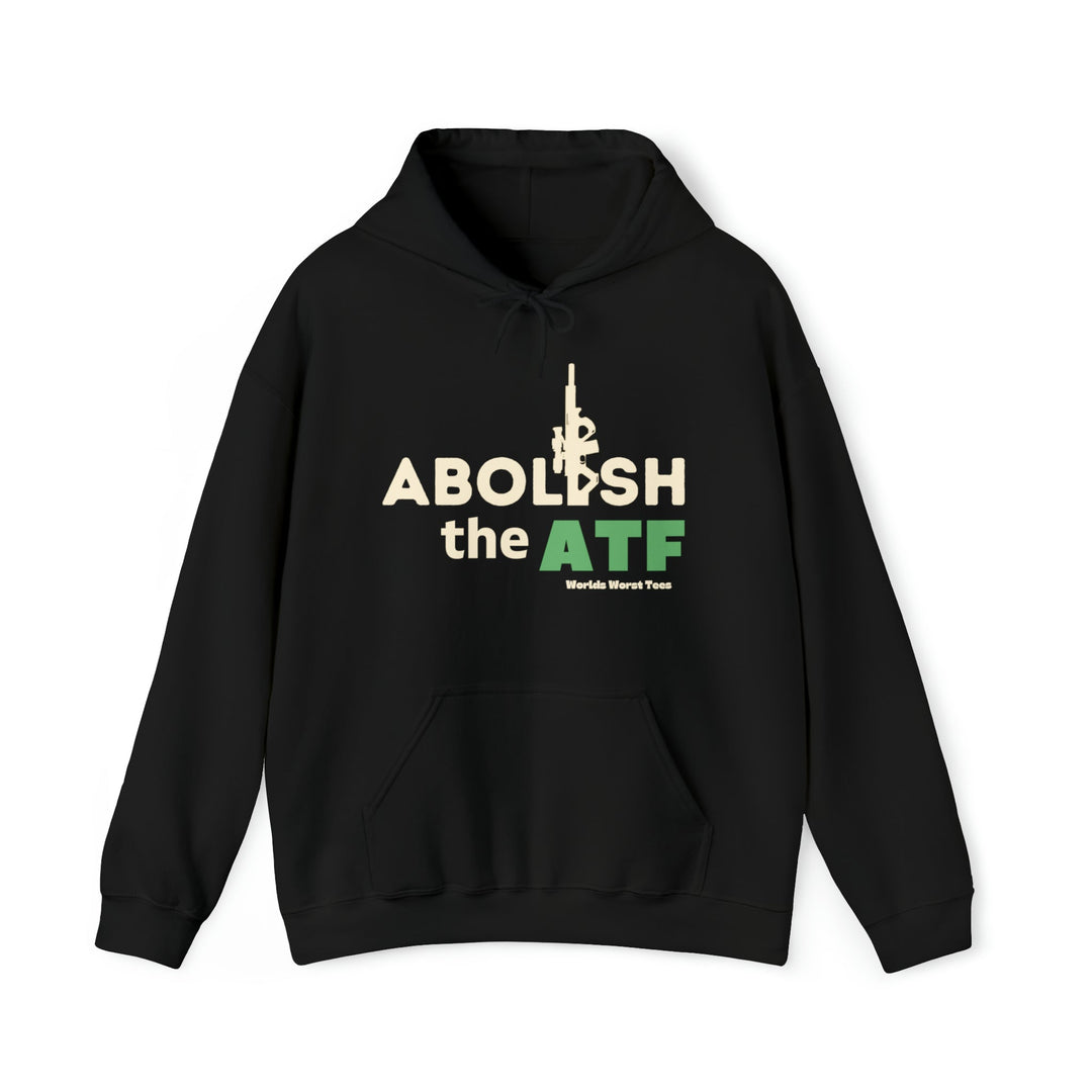 Unisex heavy blend hooded sweatshirt featuring Abolish the ATF text. Thick cotton-polyester fabric, kangaroo pocket, drawstring hood. Classic fit, tear-away label, ideal for printing. From Worlds Worst Tees.
