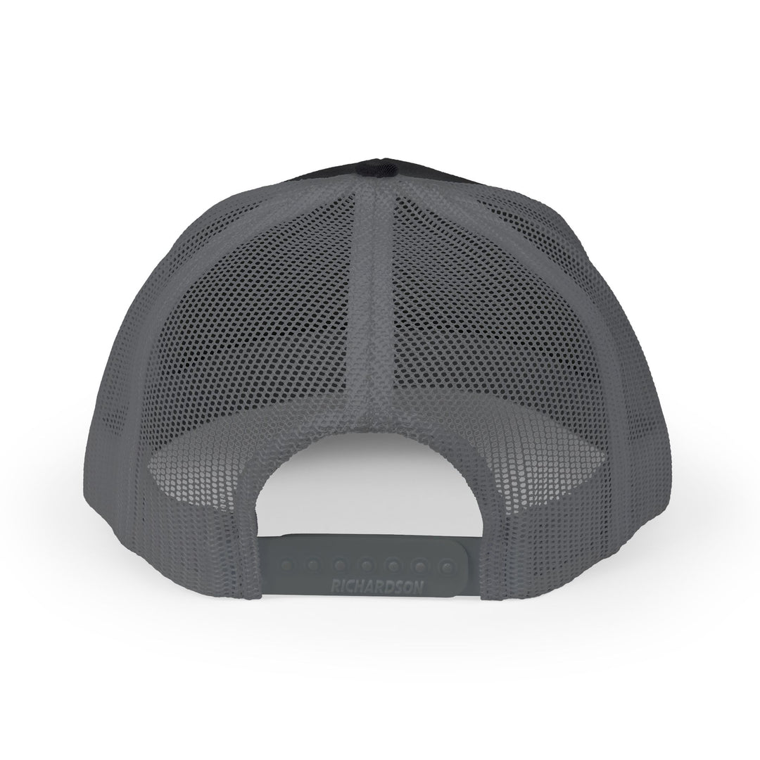 Rear view of Jesus, the Truth, the Way, the Life Snapback Trucker Cap, featuring breathable mesh panels and adjustable snap closure embossed with Richardson for a customizable fit.
