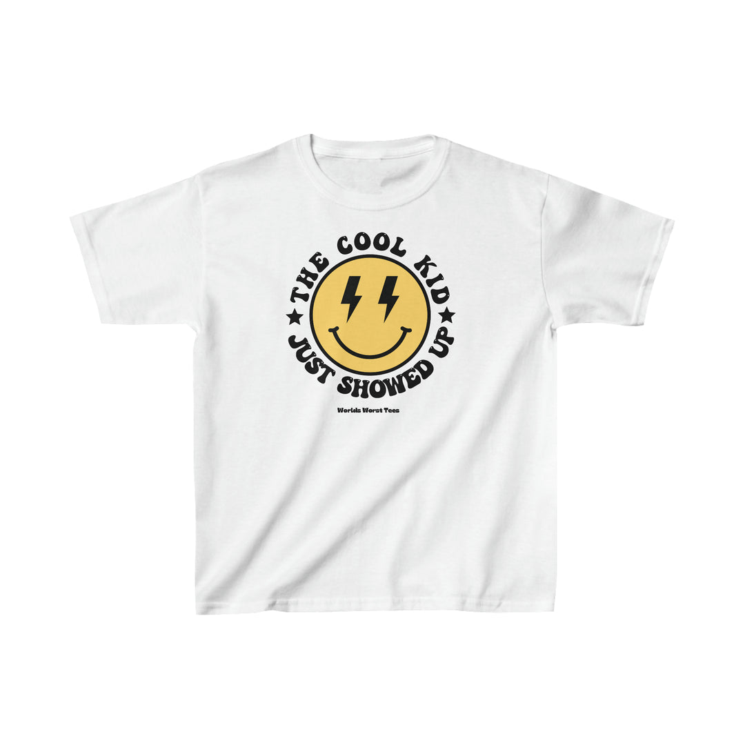 A kids' white t-shirt with a yellow logo, ideal for everyday wear. Made of 100% cotton, featuring twill tape shoulders for durability and a curl-resistant collar. Classic fit, tear-away label, and seamless sides.