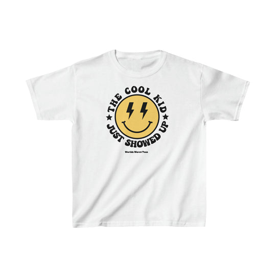 A kids' white t-shirt with a yellow logo, ideal for everyday wear. Made of 100% cotton, featuring twill tape shoulders for durability and a curl-resistant collar. Classic fit, tear-away label, and seamless sides.