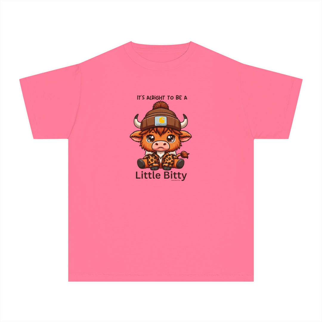 Little Bitty Kids Tee: A pink shirt featuring a cartoon cow, perfect for active kids. Made of soft 100% combed ringspun cotton, light fabric, and a classic fit for all-day comfort.