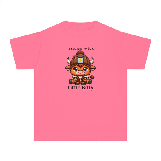 Little Bitty Kids Tee: A pink shirt featuring a cartoon cow, perfect for active kids. Made of soft 100% combed ringspun cotton, light fabric, and a classic fit for all-day comfort.