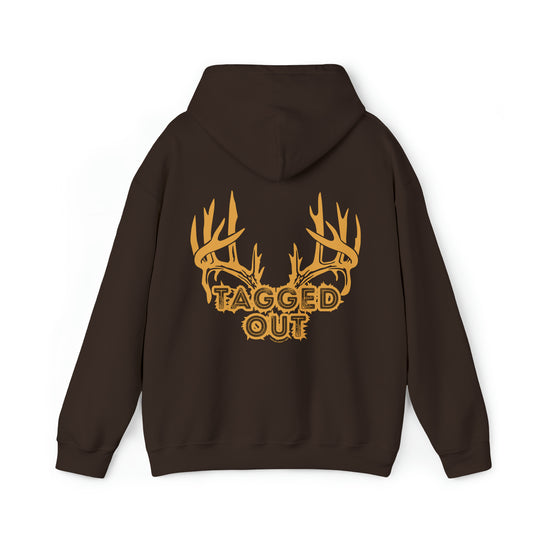 A brown Tagged Out Sweatshirt with a logo, a hooded design with kangaroo pocket. Made of 50% cotton, 50% polyester blend, 8.0 oz/yd² fabric, tear-away label, classic fit. Sizes S to 5XL.