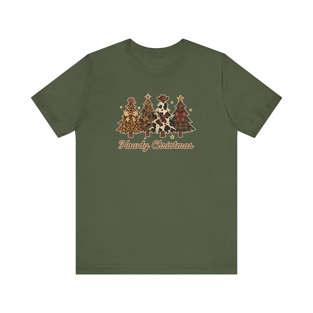 Howdy Christmas Tee featuring four Western-themed Christmas trees with festive patterns and accessories, showcasing a playful holiday design on an olive-green cotton shirt.