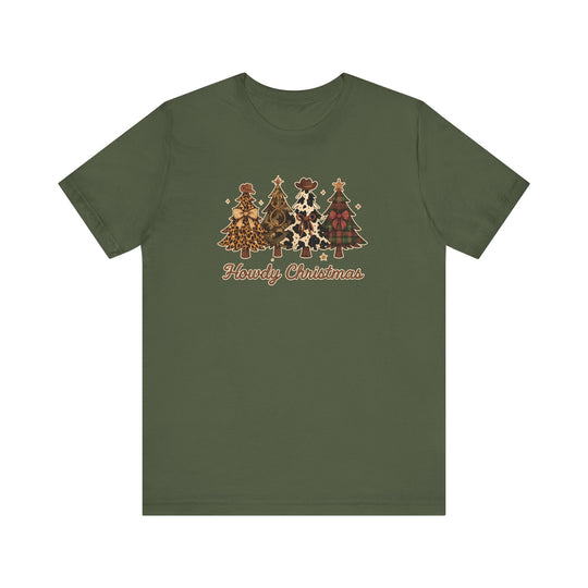 Howdy Christmas Tee featuring four Western-themed Christmas trees with festive patterns and accessories, showcasing a playful holiday design on an olive-green cotton shirt.