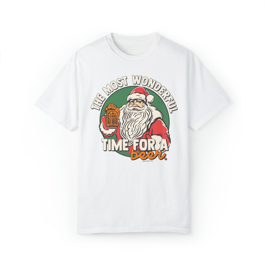 A white t-shirt featuring Santa Claus holding a beer, perfect for festive fun. Unisex, relaxed fit, 80% ring-spun cotton, 20% polyester, with rolled-forward shoulder design. From Worlds Worst Tees.