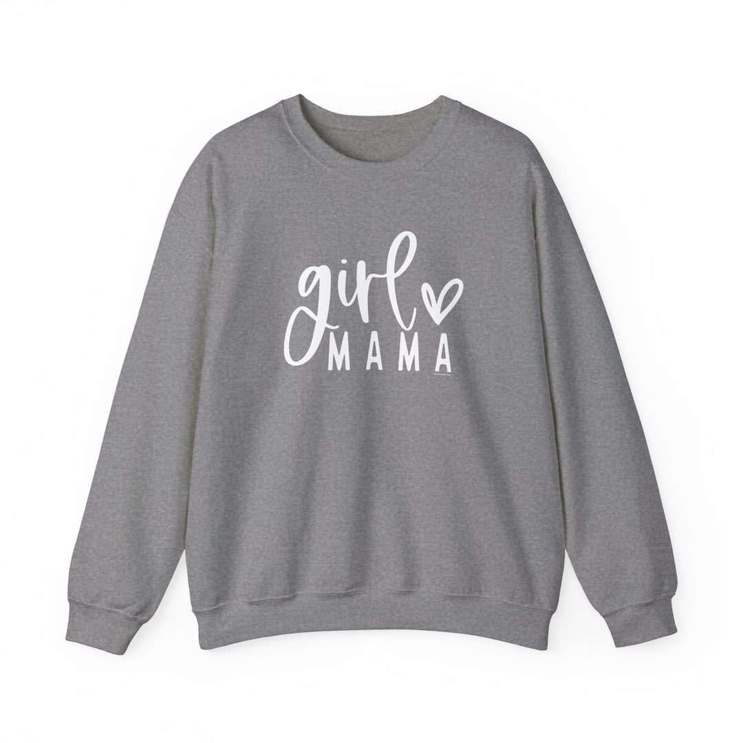 A cozy Girl Mama Crew sweatshirt in grey with white text. Unisex heavy blend fabric, ribbed knit collar, no itchy seams. 50% cotton, 50% polyester, loose fit, runs true to size.