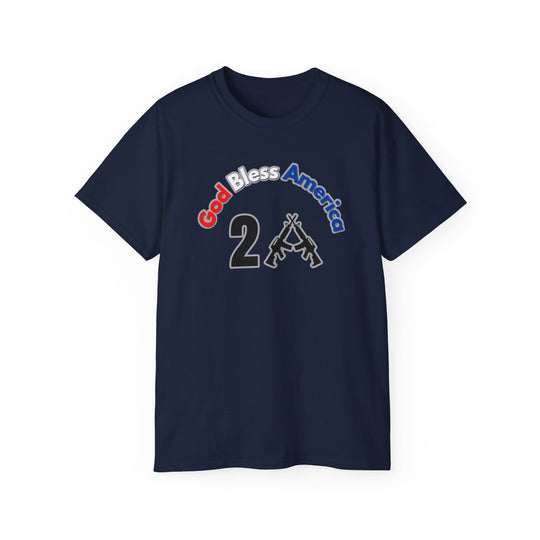 A classic God Bless America 2A Tee on a blue shirt with a graphic design of text and a gun. Unisex, 100% cotton, sustainably sourced, medium fabric, tear-away label. Sizes: S-5XL.