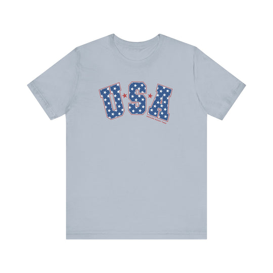 A classic USA Tee in grey with red and blue stars and stripes, made of 100% cotton. Features ribbed knit collars, taping on shoulders, and dual side seams for durability. Sizes XS to 3XL.