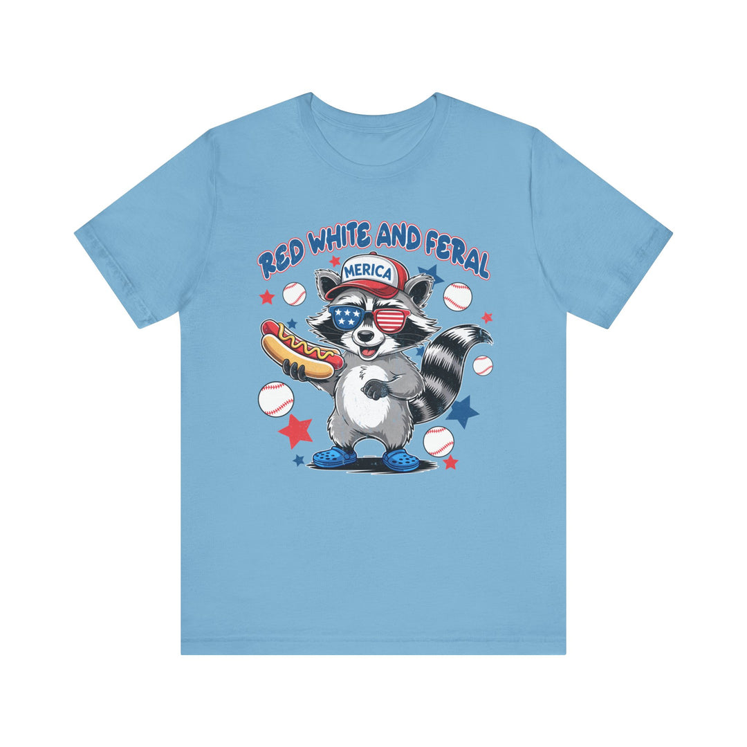 Red White and Feral Baseball 4th Tee, a classic unisex jersey short sleeve t-shirt, featuring a casual fit with ribbed knit collars and dual side seams.