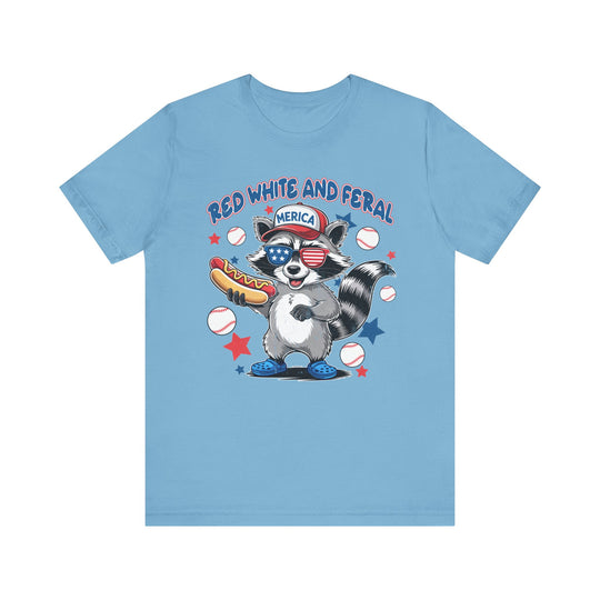 Red White and Feral Baseball 4th Tee, a classic unisex jersey short sleeve t-shirt, featuring a casual fit with ribbed knit collars and dual side seams.