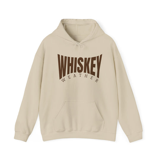 Cream-beige pullover hoodie with WHISKEY WEATHER on chest, featuring a kangaroo pocket and drawstring hood, ideal for warmth and casual style.