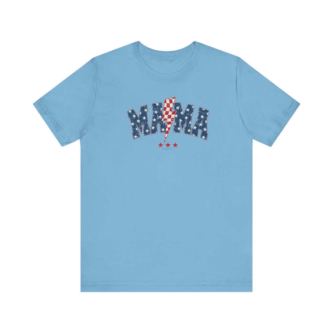 Unisex blue t-shirt with red and white stars, lightning bolt, and logo. 100% cotton, ribbed knit collars, tear away label. From 'Worlds Worst Tees', known for unique graphic t-shirts.