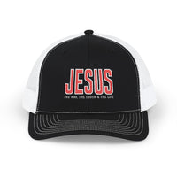 Jesus, the Truth, the Way, the Life Snapback Trucker Cap with bold embroidery, black front and visor, white mesh back, adjustable snap closure for comfort and style.