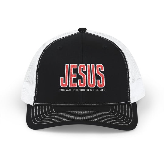 Jesus, the Truth, the Way, the Life Snapback Trucker Cap with bold embroidery, black front and visor, white mesh back, adjustable snap closure for comfort and style.