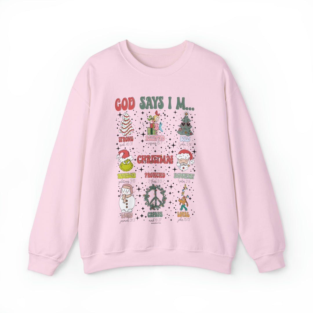 Unisex heavy blend crewneck sweatshirt titled God Says I'm Crew featuring various designs like a peace sign, Santa Claus, and a snowman. Made of 50% cotton, 50% polyester with ribbed knit collar.