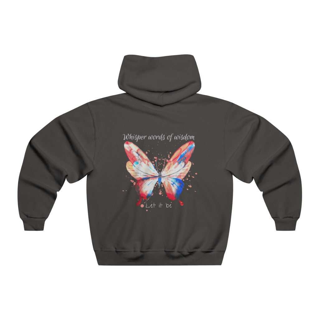 A heavy blend cotton-polyester Whisper Words of Wisdom Hoodie with butterfly design. Classic fit, kangaroo pocket, drawstring hood, tear-away label. Ideal for printing, no side seams. Unisex sizing.