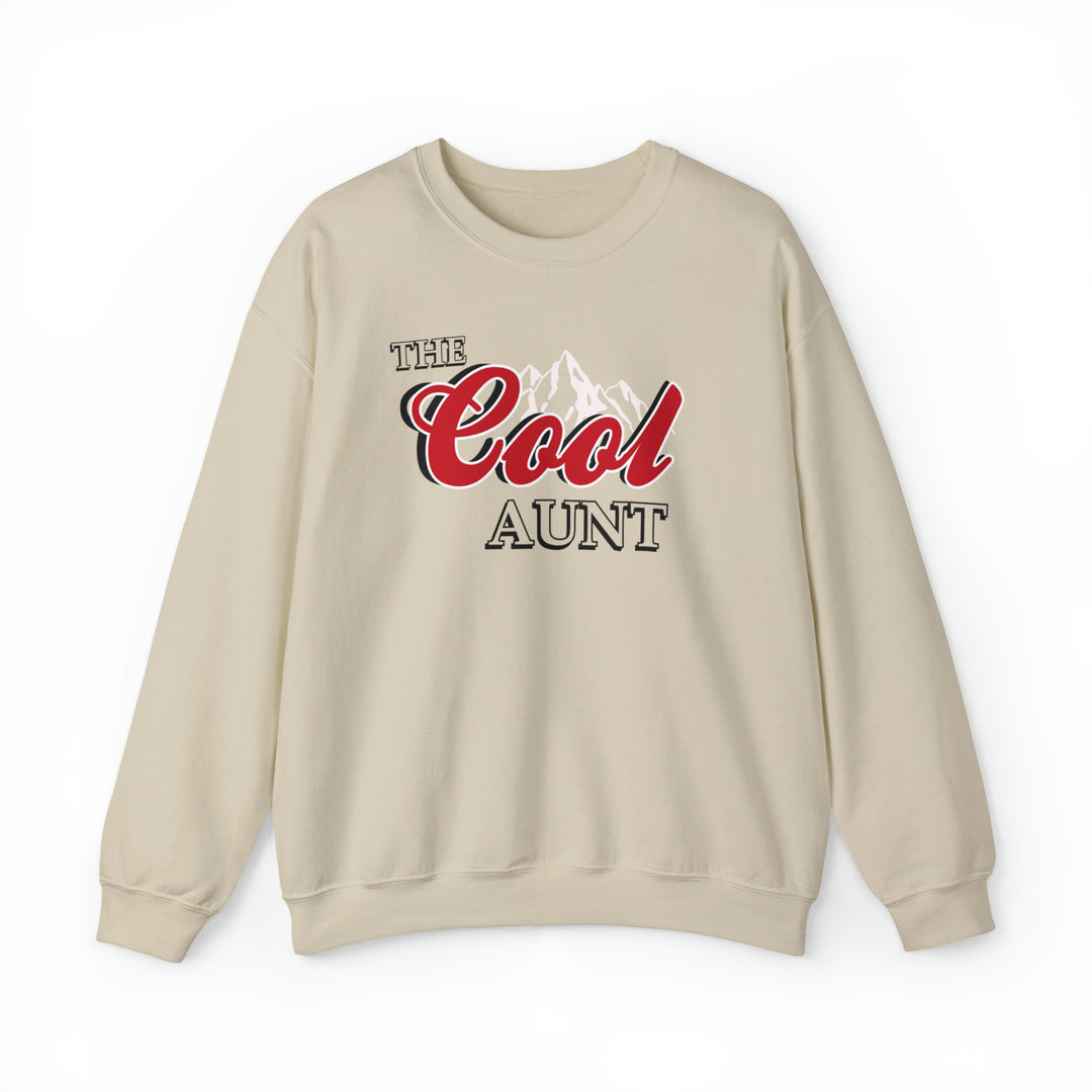 A unisex heavy blend crewneck sweatshirt, The Cool Aunt Crew, in beige. 50% cotton, 50% polyester, medium-heavy fabric, loose fit, ribbed knit collar, no itchy side seams. Ideal comfort for any occasion.