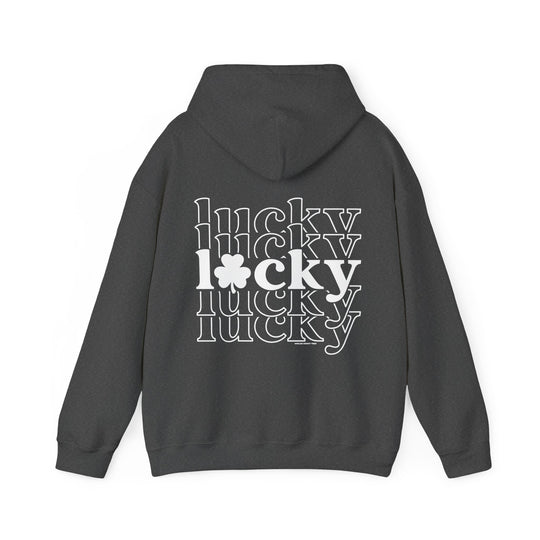 A grey Lucky Lucky Lucky hoodie with white text, a cozy blend of cotton and polyester for warmth and comfort. Features a kangaroo pocket and matching drawstring for style. Unisex, classic fit, true to size.