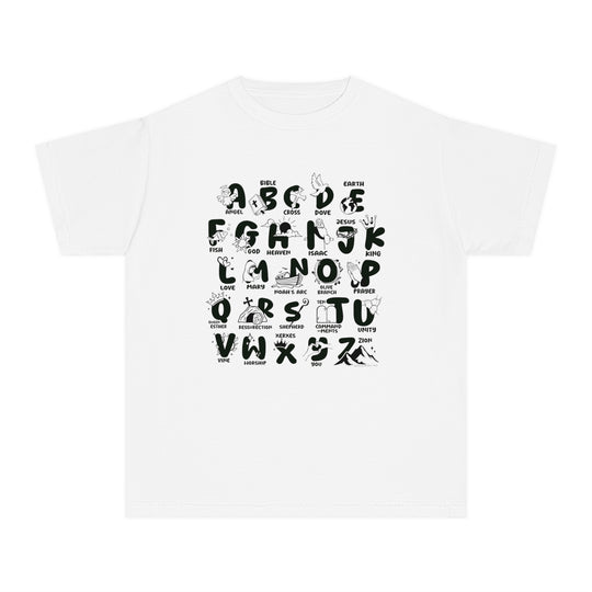 Bible Alphabet Kids Tee: White tee with black letters, perfect for active kids. 100% combed ringspun cotton, soft-washed, garment-dyed, classic fit for all-day comfort. Ideal for study or playtime.