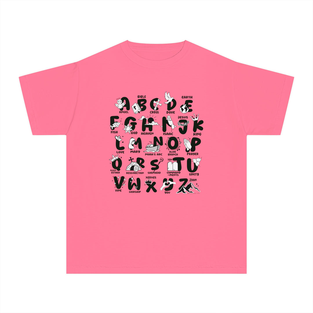 Kids' Bible Alphabet Tee: Pink shirt with black letters & symbols. 100% combed ringspun cotton, soft-washed, garment-dyed, classic fit for all-day comfort. Ideal for active kids. From Worlds Worst Tees.