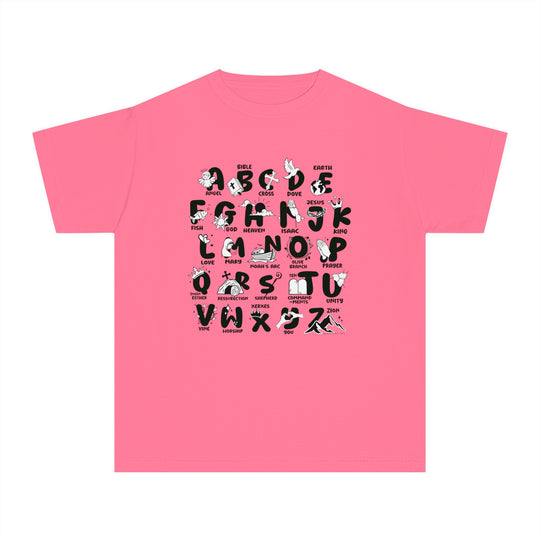 Kids' Bible Alphabet Tee: Pink shirt with black letters & symbols. 100% combed ringspun cotton, soft-washed, garment-dyed, classic fit for all-day comfort. Ideal for active kids. From Worlds Worst Tees.