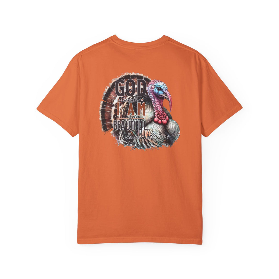 A ring-spun cotton t-shirt featuring a colorful turkey design, the I am Beautiful Tee from Worlds Worst Tees. Garment-dyed for extra coziness, with a relaxed fit and durable double-needle stitching.
