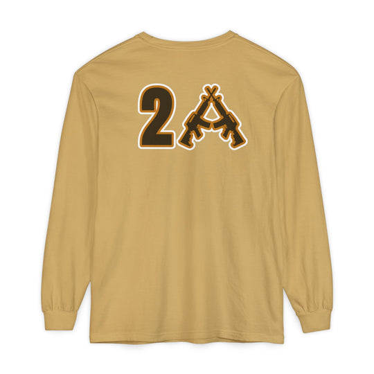 Mustard-yellow 2A Long Sleeve Tee with a graphic of crossed rifles forming an A on the back, offering a relaxed fit and soft, garment-dyed cotton.